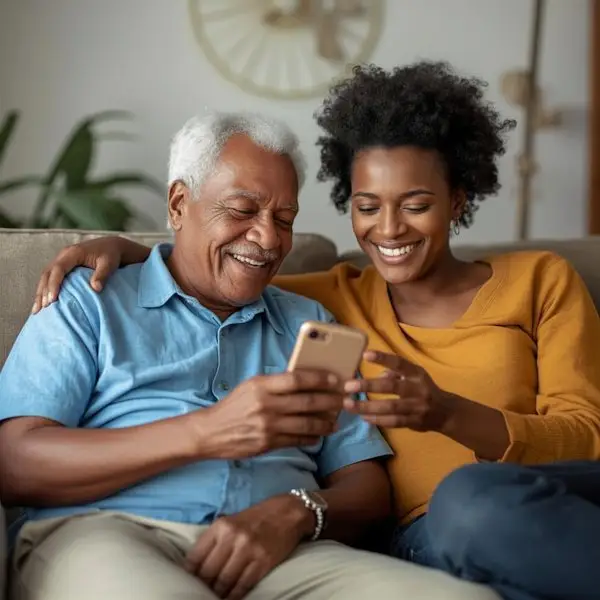 Gent and adult child on sofa smiling & looking at phone